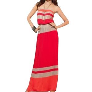 Cache all pleated red golden strapless maxi dress size XS